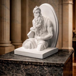 Puede incluir: Una escultura blanca de una figura sentada con una larga barba, sosteniendo una tableta. La escultura está colocada contra un fondo blanco y se asienta sobre una base rectangular. La estatua es de estilo clásico.