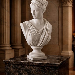 Op de afbeelding: Een witte marmeren buste van een vrouw met klassieke kenmerken, gekleed in een gedrapeerd gewaad en een hoofdband. De sculptuur staat op een donker marmeren voetstuk, met architecturale zuilen op de achtergrond.