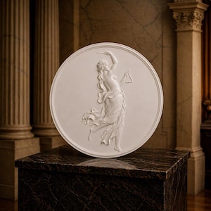 Placa con relieve de bailarina clásica: escultura de diosa griega antigua, medallón de arte mural para museo.