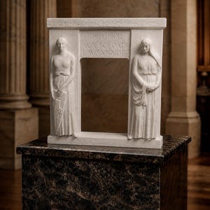May include: A white stone memorial with the inscription "1914-1918 AUX SOLDATS LAUSANNOIS". The memorial features two sculpted figures flanking a central opening, set on a dark marble-like base. The figures are draped in classical robes.