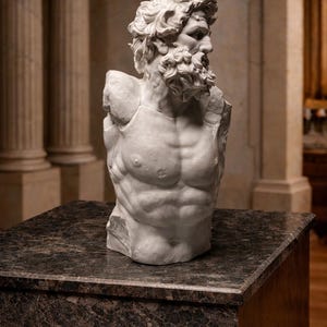 May include: A white marble bust of a muscular male figure with a beard and curly hair. The sculpture is displayed on a dark marble-topped pedestal in a room with columns.