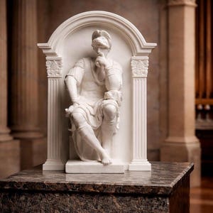Puede incluir: Estatua de mármol blanco de una figura sentada con vestimenta clásica, colocada en un arco decorativo con columnas. La estatua descansa sobre un pedestal con tapa de mármol. La figura está en una pose pensativa.