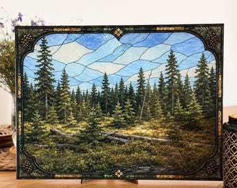 Large Forest Acrylic Magnetic Wall Art Print, Stained Glass Style With A Stand