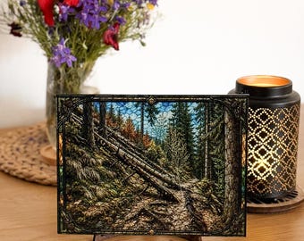 Impression forêt acrylique unique, style vitrail, arbres tombés sur un sentier, art mural magnétique