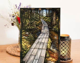 Impression acrylique sur vitrail, sentier des tourbières forestières, décoration murale magnétique avec support en bois