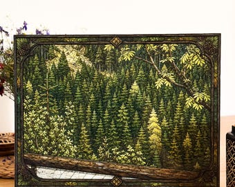 Oeuvre d'art pour impression UV sur acrylique, Paysage forestier de style vitrail, Support magnétique (support en bois inclus)