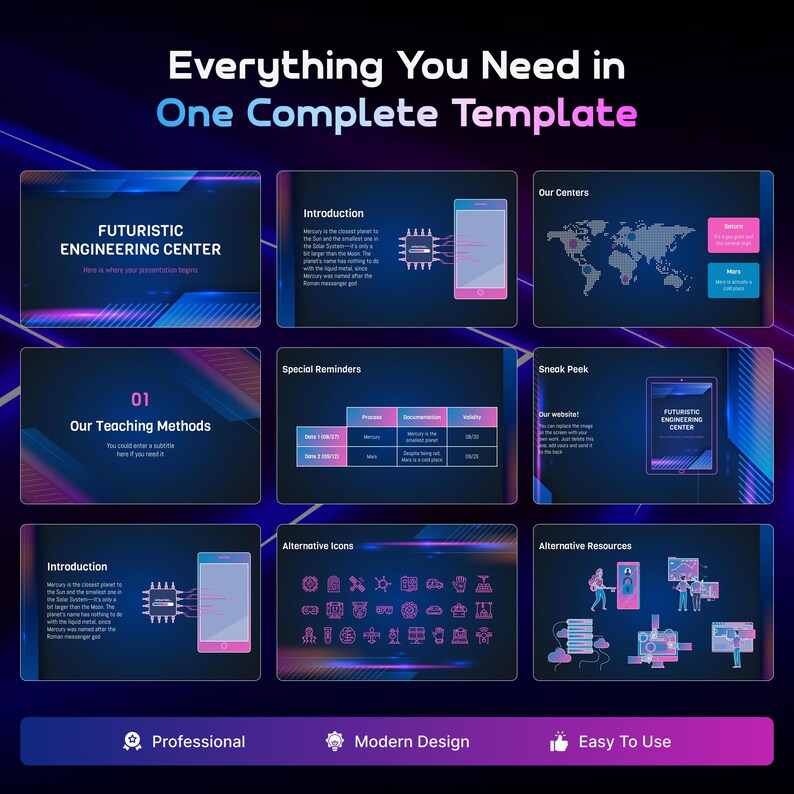 May include: A digital presentation template with a futuristic design. The template includes slides with text and graphics, such as world maps, icons, and smartphone illustrations. The text includes "Everything You Need in One Complete Template."