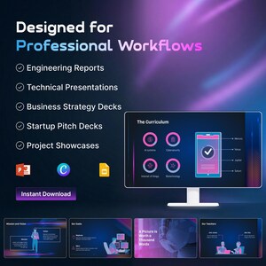 May include: A digital presentation design with the text "Designed for Professional Workflows." The image includes icons for Engineering Reports, Technical Presentations, Business Strategy Decks, Startup Pitch Decks, and Project Showcases. The image also includes the text "Instant Download."