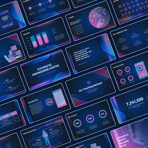 May include: A series of digital presentation slides with a futuristic design. The slides use a dark blue and purple colour scheme with geometric patterns and text. Topics include engineering, statistics, and teaching methods. The text "FUTURISTIC ENGINEERING CENTER" is visible.