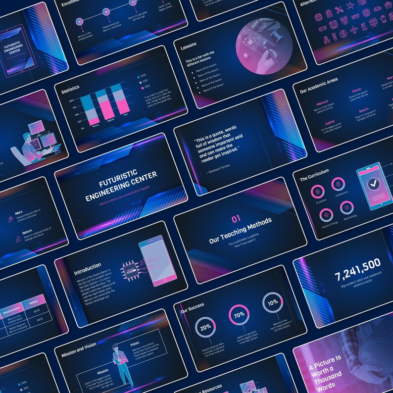 May include: A series of digital presentation slides with a futuristic design. The slides use a dark blue and purple colour scheme with geometric patterns and text. Topics include engineering, statistics, and teaching methods. The text "FUTURISTIC ENGINEERING CENTER" is visible.