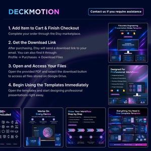 May include: An advertisement for digital presentation templates, featuring the Deckmotion logo and instructions for purchase and download. The image showcases examples of the templates, designed for professional workflows, including engineering reports and business strategy decks.