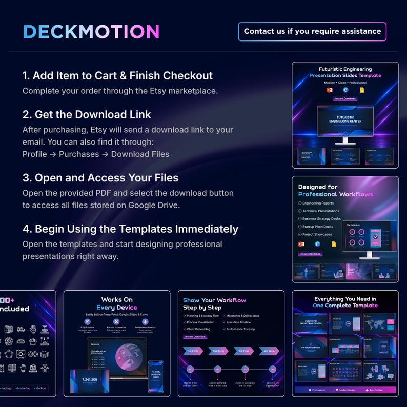 May include: An advertisement for digital presentation templates, featuring the Deckmotion logo and instructions for purchase and download. The image showcases examples of the templates, designed for professional workflows, including engineering reports and business strategy decks.