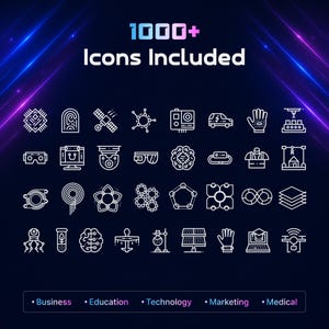 May include: A dark blue graphic with the text "1000+ Icons Included" in white and pink. Below are rows of white line-art icons representing technology, business, and medical concepts. The bottom of the graphic lists categories: Business, Education, Technology, Marketing, and Medical.
