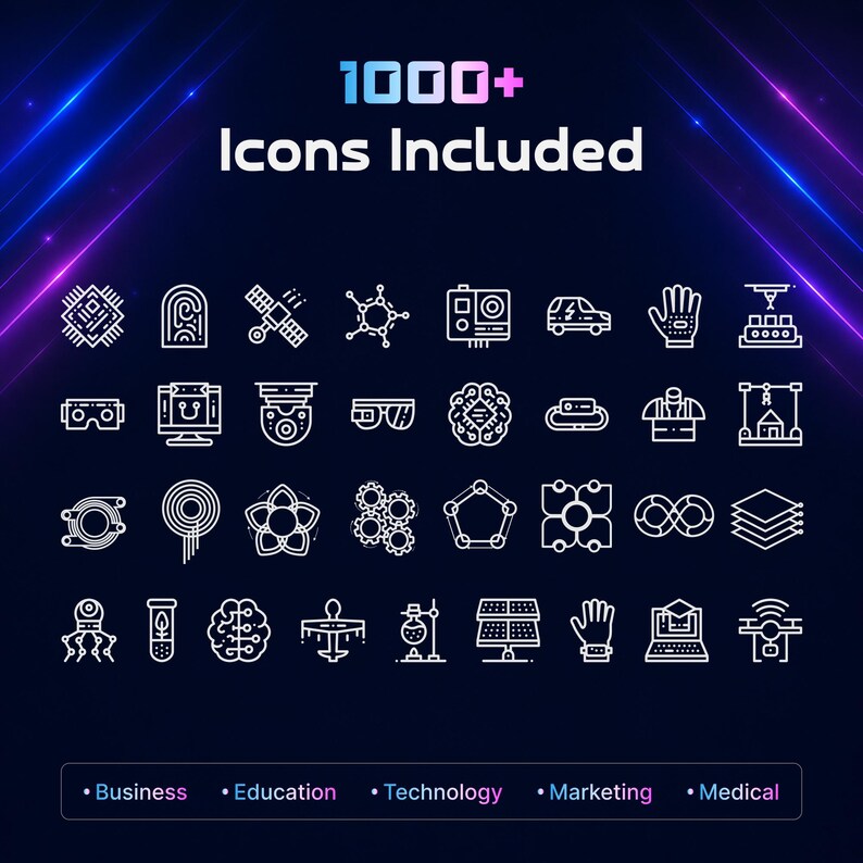May include: A dark blue graphic with the text "1000+ Icons Included" in white and pink. Below are rows of white line-art icons representing technology, business, and medical concepts. The bottom of the graphic lists categories: Business, Education, Technology, Marketing, and Medical.