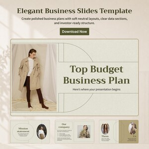 以下が含まれることがあります： 「Top Budget Business Plan」というタイトルのビジネスプレゼンテーションテンプレート。ベージュのコートを着た人物、明るいベージュの配色、そして「Elegant Business Slides Template」というテキストが特徴です。テンプレートには、ミッションステートメントと会社情報のためのセクションが含まれています。