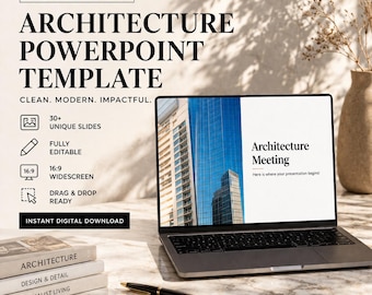 May include: A laptop screen shows an "Architecture Meeting" presentation with a modern building image. Books with titles such as "Architecture" and a pen are also visible. The text reads "Instant Digital Download".