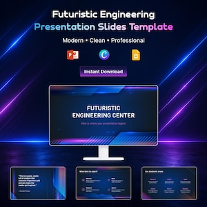 May include: A futuristic presentation slides template with the text "Futuristic Engineering Presentation Slides Template". The design is modern, clean, and professional, with a dark blue and purple color scheme. Includes the text "Instant Download".