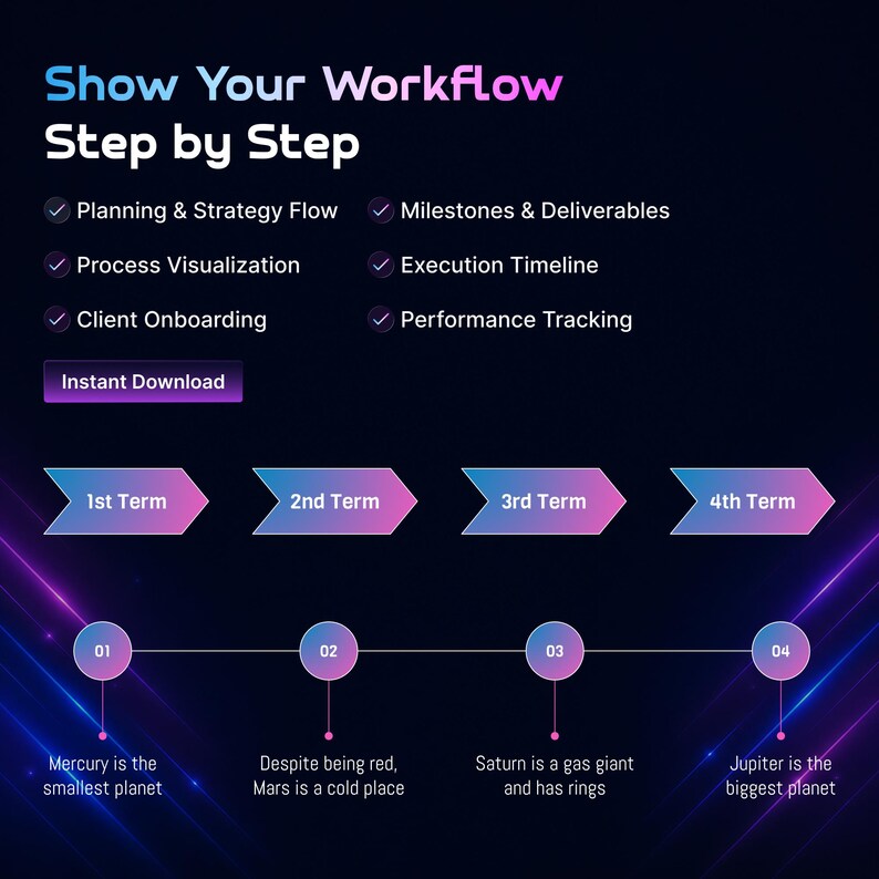 May include: Infographic showing a workflow diagram with the text "Show Your Workflow Step by Step." It features numbered steps, arrows, and text descriptions. The colour scheme is dark blue with pink and purple accents.