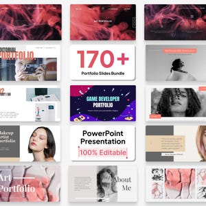 May include: A digital collection of portfolio presentation slides featuring various layouts, including abstract red smoke backgrounds, black and white photography, graphic illustrations, and text blocks labeled with titles like Editorial Portfolio and Game Developer Portfolio.