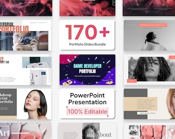 May include: A digital collection of portfolio presentation slides featuring various layouts, including abstract red smoke backgrounds, black and white photography, graphic illustrations, and text blocks labelled with titles like Editorial Portfolio and Game Developer Portfolio.