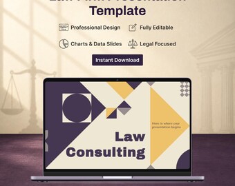 May include: A laptop screen shows a presentation template for a law firm. The design features purple and yellow geometric shapes and the words "Law Consulting." The title above reads "Law Firm Presentation Template."
