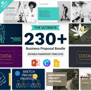 May include: A digital collection of 230+ editable business proposal PowerPoint templates featuring various slide layouts, including project proposals, engineering designs, and corporate graphics, compatible with PowerPoint, Canva, and Google Slides.