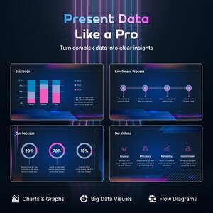 May include: A digital graphic with the text "Present Data Like a Pro" and "Turn complex data into clear insights." The image includes charts, graphs, and diagrams with data visualizations, including statistics, enrollment processes, success metrics, and values.