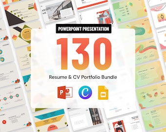 May include: A digital bundle of 130 resume and CV portfolio templates for PowerPoint, Canva, and Google Slides. The central graphic displays the text POWERPOINT PRESENTATION 130 Resume & CV Portfolio Bundle with software icons.