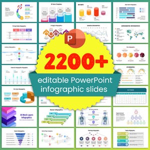 Puede incluir: Una colección de diapositivas infográficas de PowerPoint coloridas. La imagen presenta varios gráficos, diagramas y plantillas, incluidos gráficos de barras, gráficos circulares y plantillas de mapas del mundo. El elemento central muestra el texto "2200+ diapositivas infográficas de PowerPoint editables".