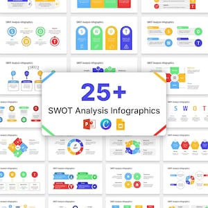 May include: A collection of colorful SWOT analysis infographics. The central graphic displays "25+ SWOT Analysis Infographics" in blue text. Various charts and diagrams are arranged around the central graphic, using a palette of blue, green, yellow, and red.