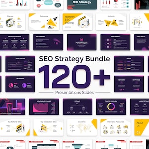 May include: A digital presentation template bundle titled SEO Strategy Bundle 120+ Presentation Slides, featuring a collection of dark purple and white slides with various charts, graphs, isometric illustrations, and data visualizations for marketing.
