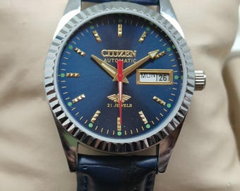 Citizen Automatic Blue Dial Day/Date 21 Jewels Blue Strap Men's Wrist Watch