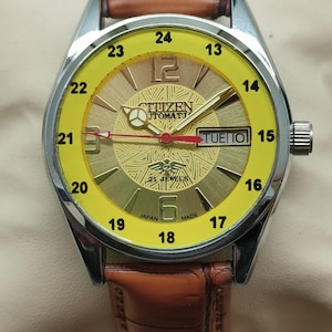 Citizen Automatic Men’s Watch Yellow Gold Dial 21 Jewels Brown Strap Day-Date - 8200