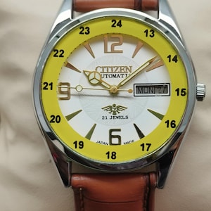 Citizen Automatic White Dial Day/Date Railway Time 21 Jewels Brown Strap Men&#39;s Wrist Watch