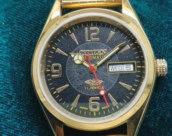 Orologio automatico Citizen vintage: acciaio inossidabile placcato oro, quadrante nero, giorno e data