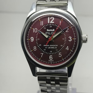 Vintage HMT Pilot Maroon Dial Watch: 17 Jewels, Stainless Steel, Unisex