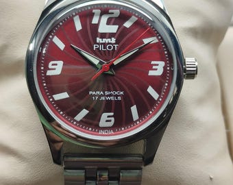 Vintage HMT Pilot Red Dial Mechanical Watch - Restored Indian Timepiece