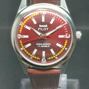 Hmt Pilot Vintage Red Dial Para Shock 17 Jewels Stainless Steel Men&#39;s Wrist Watch