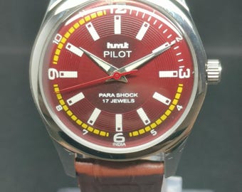 Hmt Pilot Vintage Red Dial Para Shock 17 Jewels Stainless Steel Men's Wrist Watch