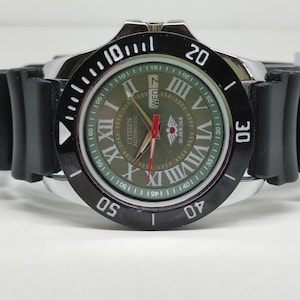 Vintage Citizen Automatic Dive Watch: Green Roman Dial, Nylon Strap