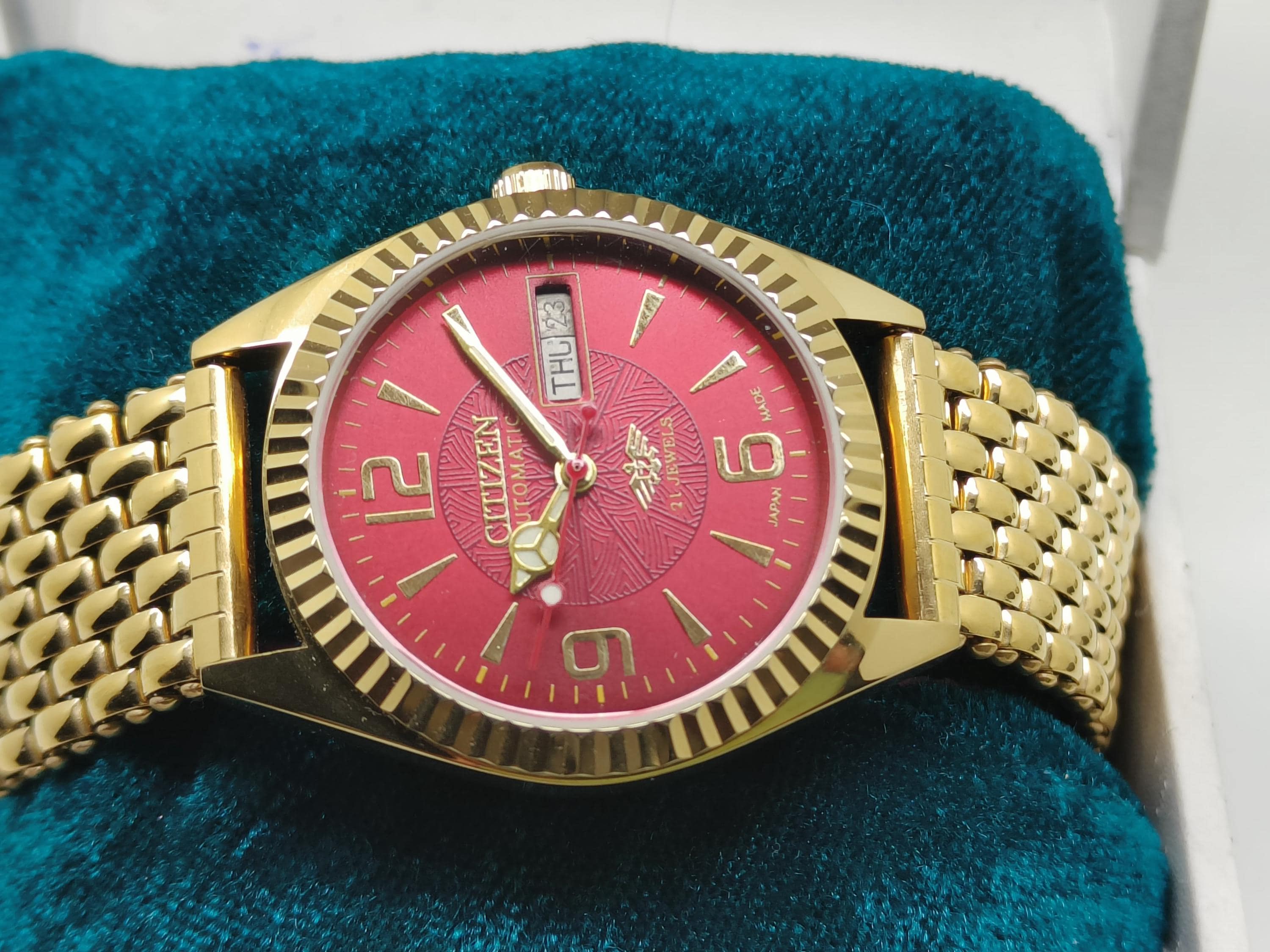 Citizen Automatic Vintage Red Dial Day-date 21 Jewels Gold Plated