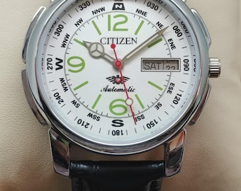 Vintage Citizen Automatic Watch: Day/Date, Stainless Steel Case, White Dial