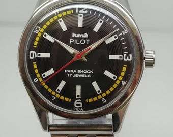 HMT Pilot Mechanische Herrenuhr Schwarzes Zifferblatt Gelbe Spur Edelstahl 17 Jewels
