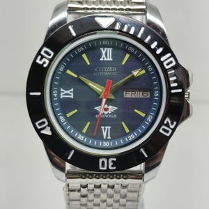 Vintage Citizen Automatic Watch: Blue Dial, Rotating Bezel, Stainless Steel