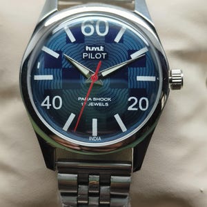 HMT Pilot Blue Dial Vintage Mechanical Watch: 17 Jewels, Stainless Steel