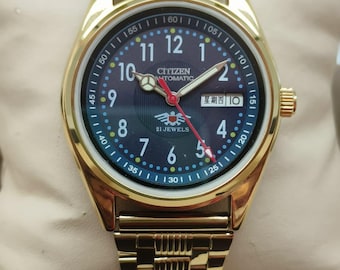 Vintage Citizen Automatic herrklocka: Guldfärgat rostfritt stål, blå urtavla