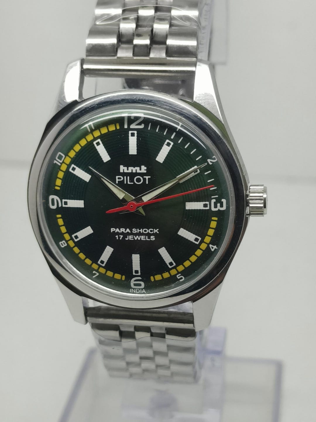 Vintage HMT Pilot Watch: Green Dial, Stainless Steel, 17 Jewels - Etsy