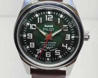 Vintage HMT Pilotenuhr, grünes Sunburst-Zifferblatt, 17 Jewels
