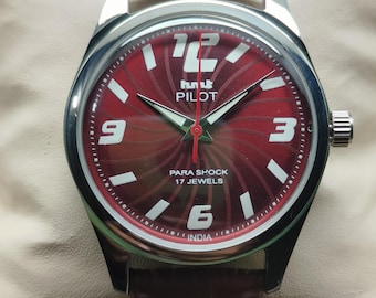 Vintage HMT Pilot Red Swirl Dial Watch - 17 Jewels Para Shock