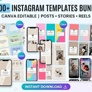 May include: A promotional image showcasing a bundle of over 3000 Instagram templates. The design includes mockups of smartphones displaying various post and story templates, with the text "CANVA EDITABLE | POSTS &bull; STORIES &bull; REELS" and "INSTANT DOWNLOAD".